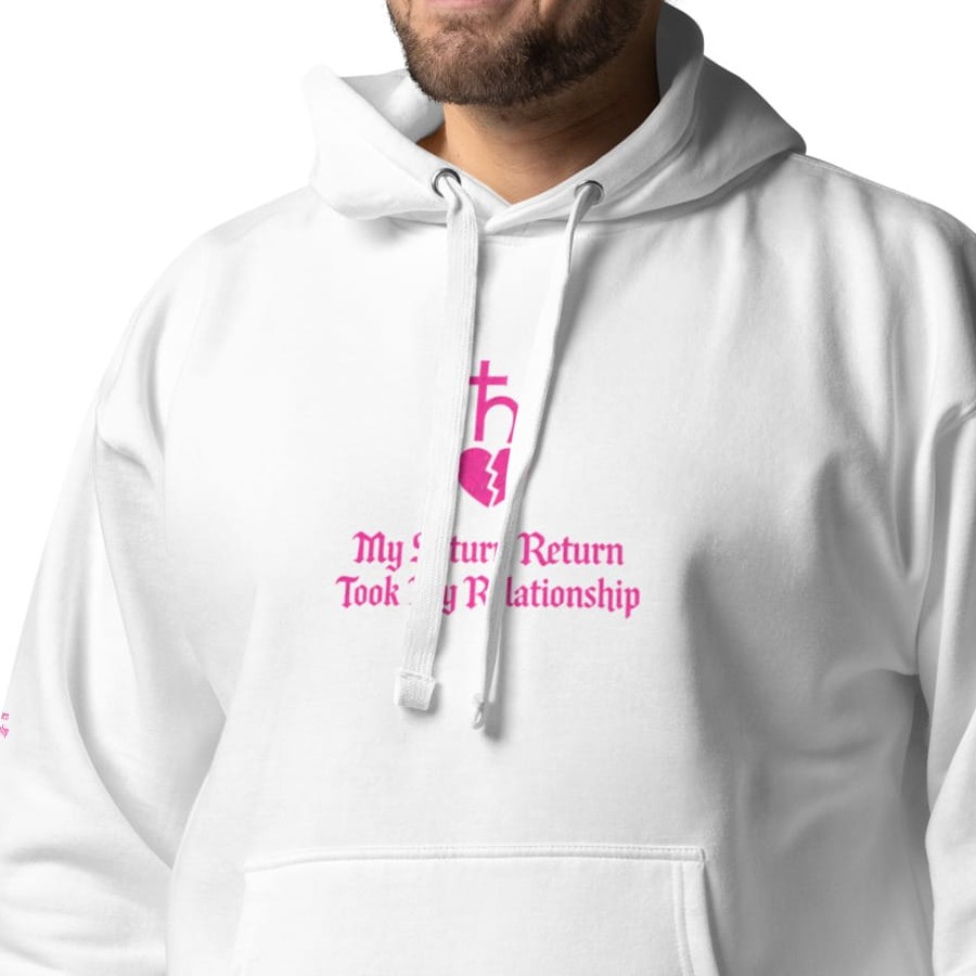 Saturn Return White Hoodie, cropped to show the chest print