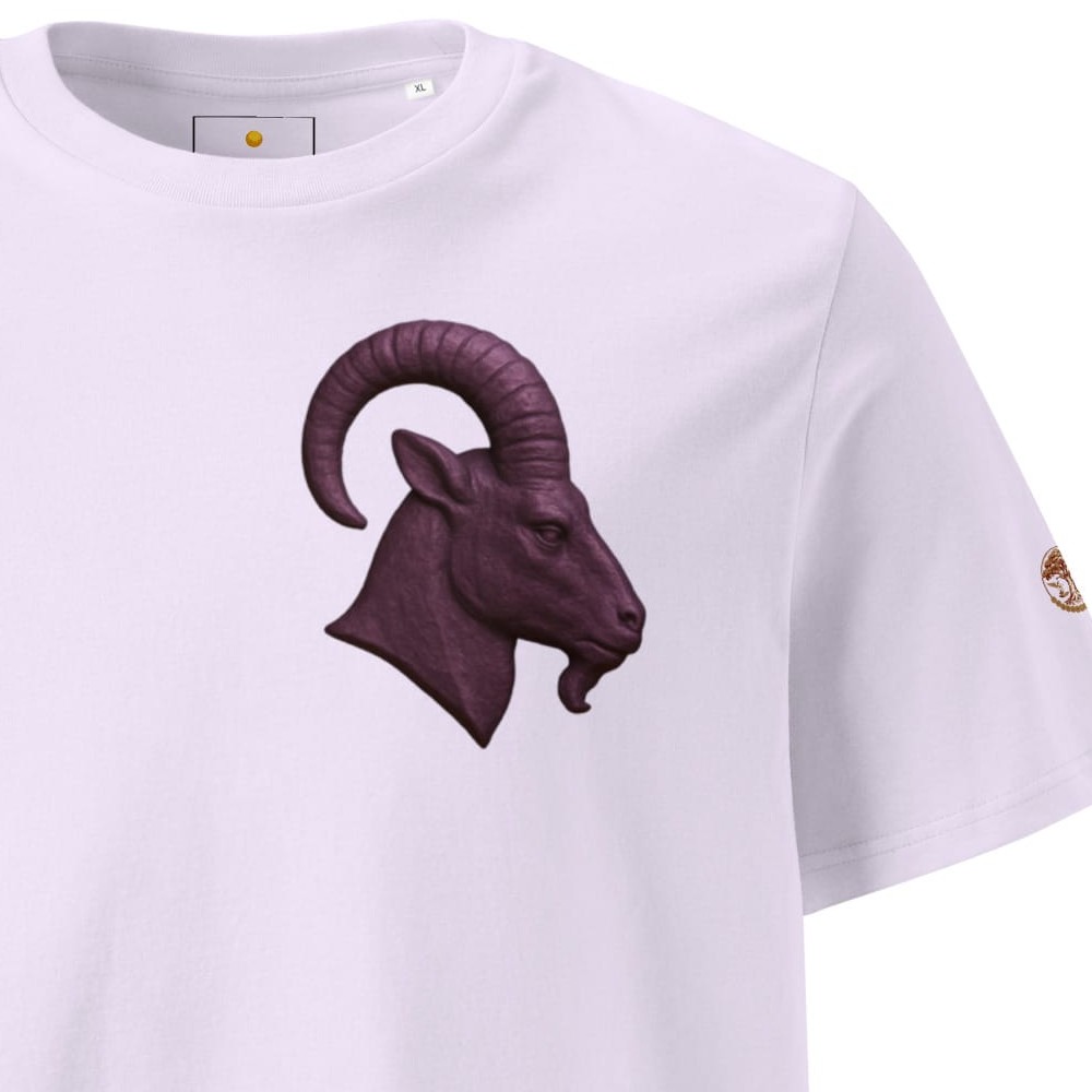 Taurus Unisex Organic Ribbed Neck T-Shirt, cropped to show the ram head chest print