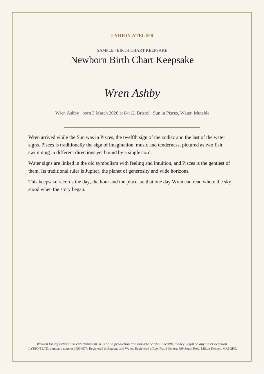 Sample newborn birth chart keepsake, made out to fictional names