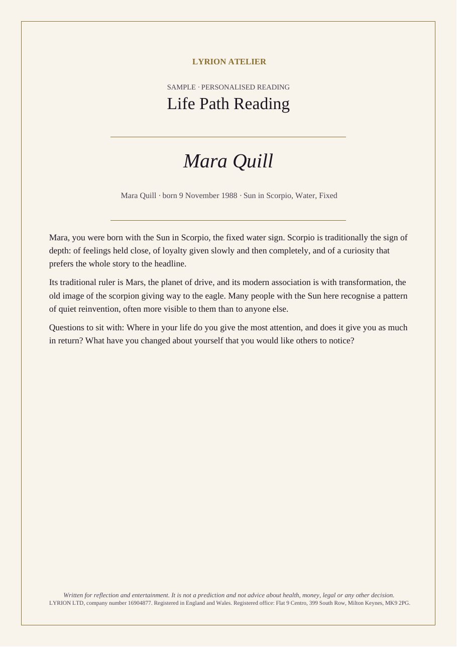 Sample reading, made out to fictional names