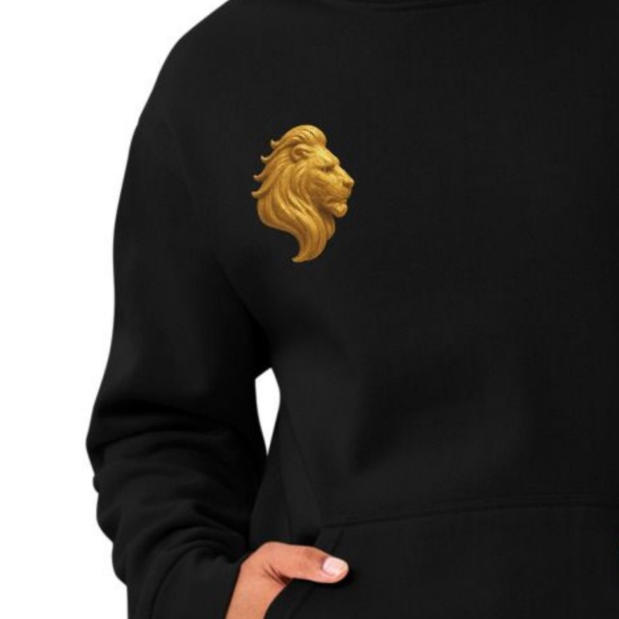 Leo Zodiac Hoodie, cropped to show the gold lion head emblem