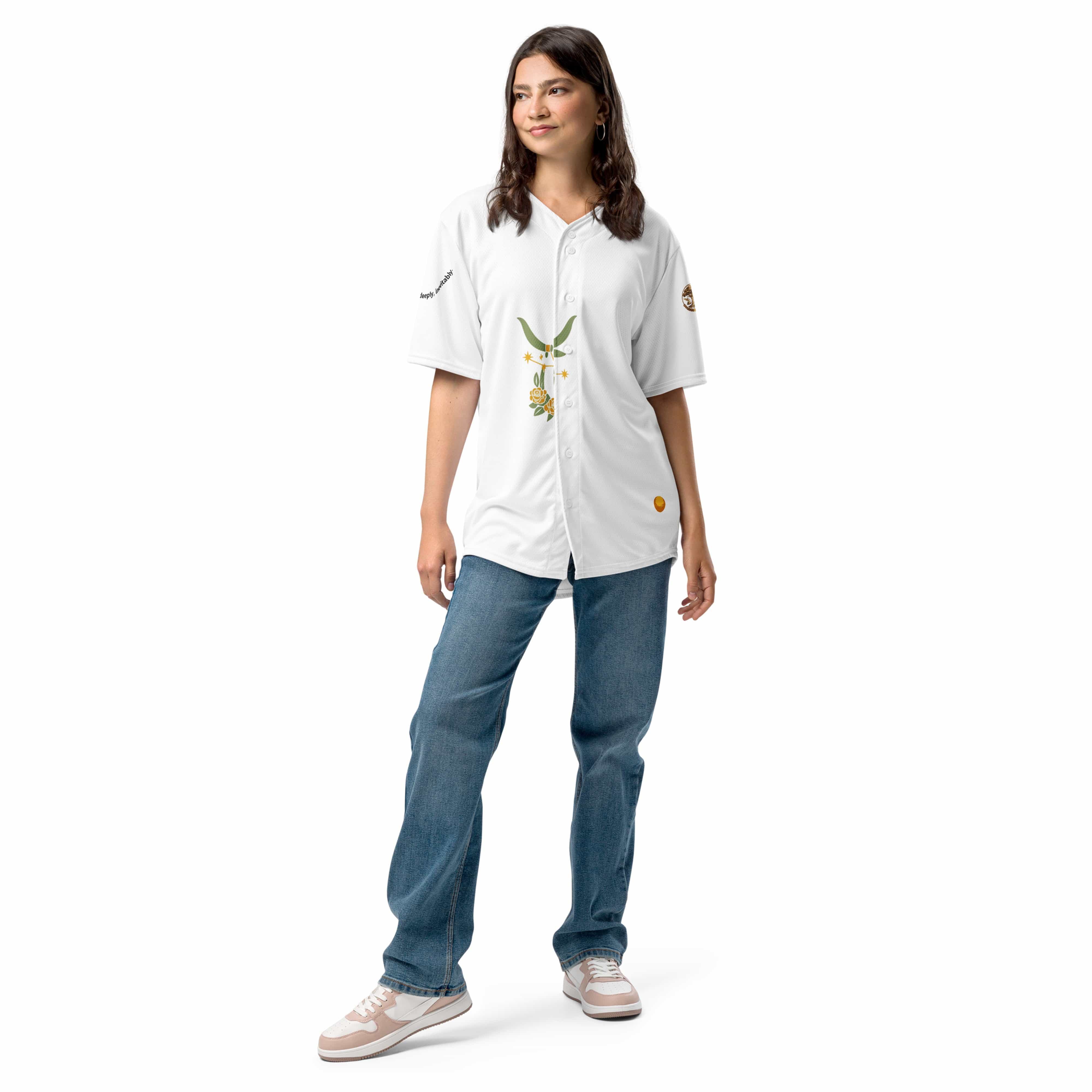 Front view female model showcasing Taurus baseball jersey design