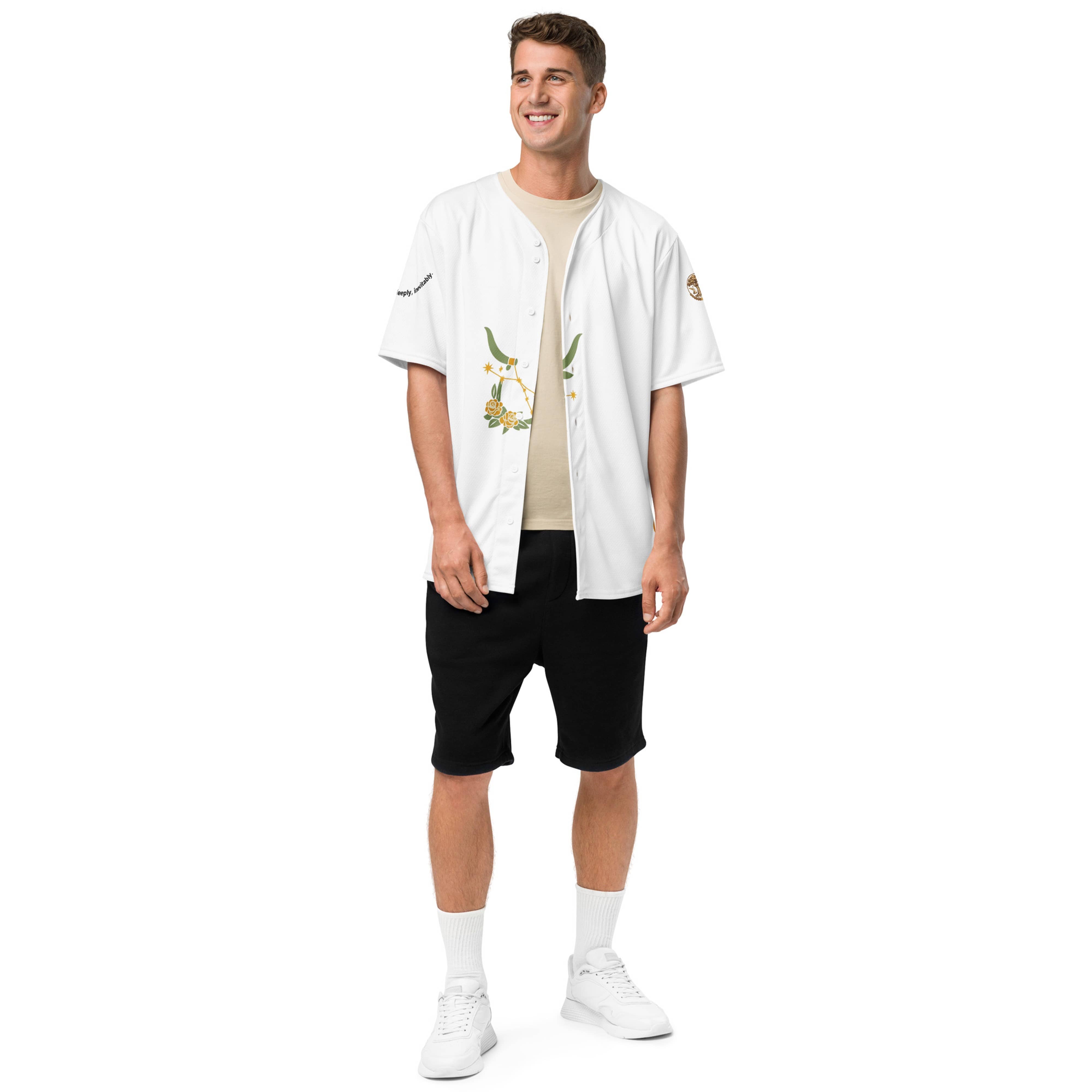 Front view male model wearing Taurus baseball jersey